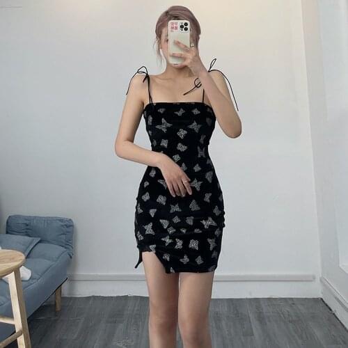 Butterfly Print Velvet Strappy Little Black Dress Female European And American Style Fashion Slim Backless Suspender Dress