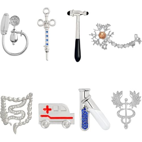 Metal Medical Enamel Pin Gifts for Doctor Nurse Badge Hammer Syringe Ambulance Blood Pressure Meter Neuron Caduceus Brooch