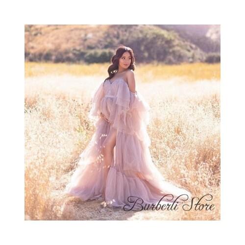 Sweet Off The Shoulder Tulle Ruffles Pregnant Women Dresses Sexy High Split A-line Honeymoon Christmas Night Gowns Party Dresse