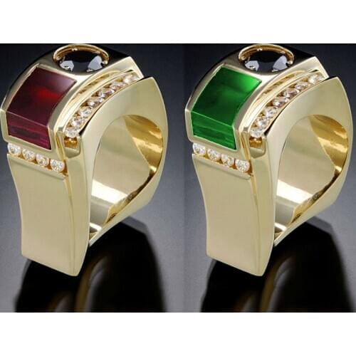 Fashion Red Green Zircon Yellow Gold Geometric Rings For Men Women Wedding Jewelry Vintage Black Stone Engagement Promise Ring