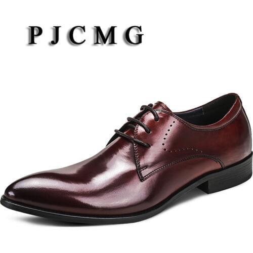 PJCMG New Mens Business Lace-Up Black/Wine Red Pointed Toe Formal Solid Dress Genuine Leather Wedding Oxfords Office Shoes