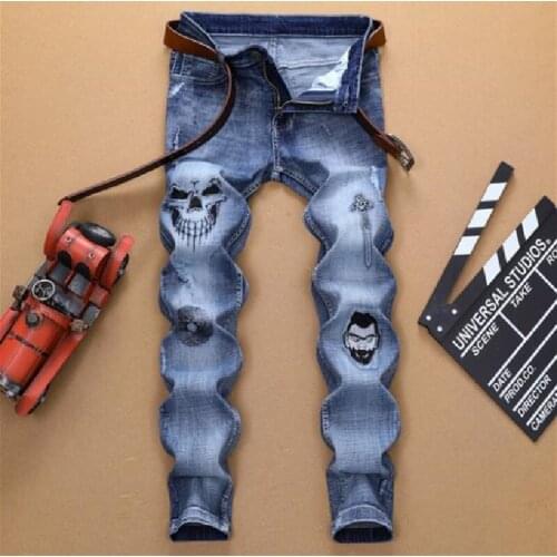 Mens Jeans New European And American Style Fashion Mens Broken Embroidery Skull Stretch Small Foot Jeans Fashion Casual Pants