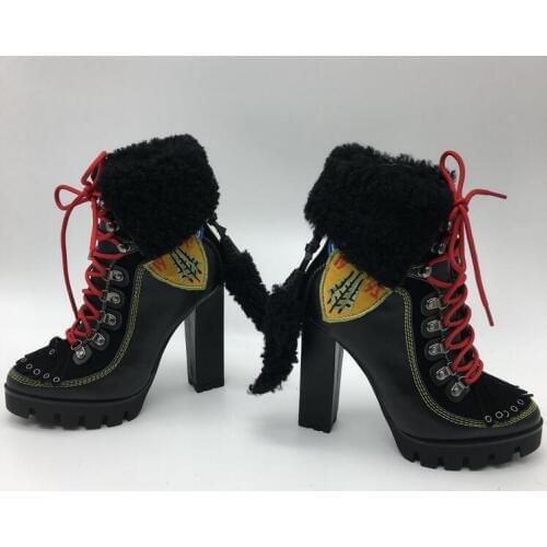 Winter Newest High Platform Ladies Chunky Heel Fur Boots Black Leather Lace Up Martin Boots Faux Fur Tail Back High Heel Boots