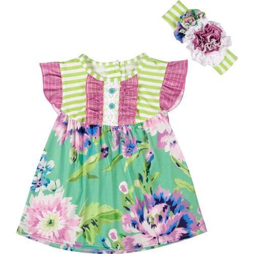 New Arrival Baby Girls Dresses Children Flying Sleeves Striped Floral Printed Dress with Headband Fashion Toddler Girls Clothes