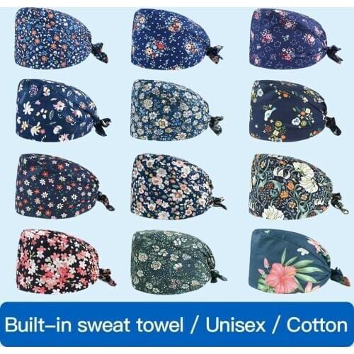 Wholesale Breathable cartoon Anima printing Bandage Scrubs hat pet shop Beautician work hats laboratory men and women Scrub cap