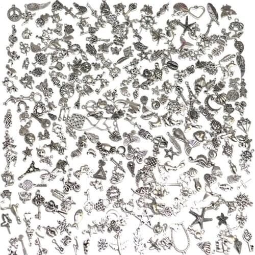 Random 50Pcs Mix Size 300 Style Alloy Metal Charms Silver Color Pendant For DIY Bracelet Necklace Jewelry Making