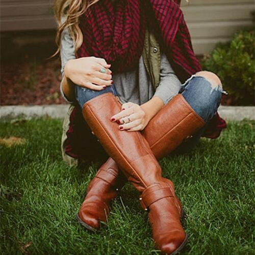 Fashion Women Boots Lace-Up Riding Motorcycle Boots Low Heel Knee High Boots Buckle Side Zipper Female Boots Botas Brown 43