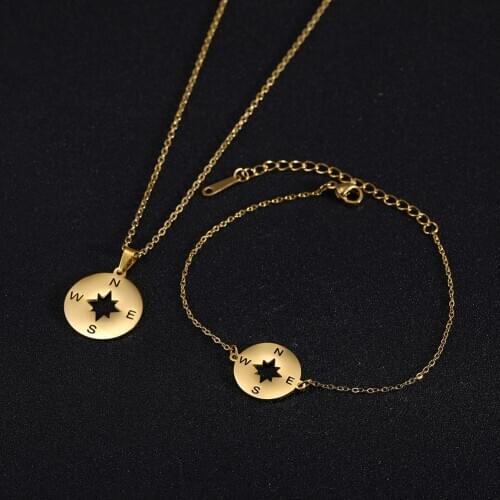 Skyrim Compass Stainless Steel Jewelry Set Fashion Female Gold Color Pendant Choker Chain Necklaces Charm Bracelet Pulseras Gift