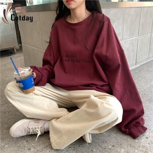Cotday Loose All-match Oversize Couples Red Wine Hoodies Harajuku Autumn 2020 Fashion Women Letter Korea Style Casual Pullovers