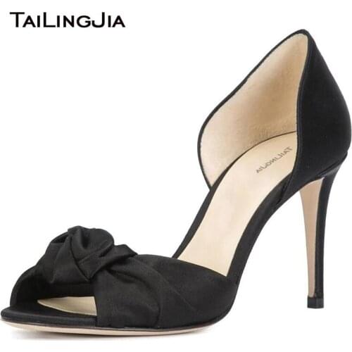 Black Satin High Heels 2019 Women Heeled Pumps Elegant Peep Toe Knotted Shoes Ladies Summer Shoes Stiletto Heel Footwear