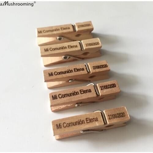 X100 mi communion Craft Pegs Personalized Mini Clothespins Name Decorated Wooden Pegs Photo Wall Natural Clips communion gift