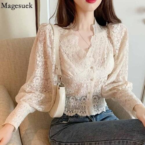 Vintage V Neck Lantern Long Sleeve Blouse Women Sweet Flower Apricot Lace Shirts for Women Slim Elegant Woman Top Mujer 16335