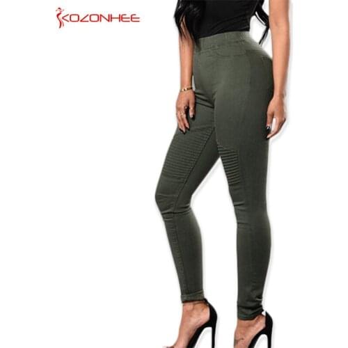 ArmyGreen Motor Stretch Women`s Jeans With High Waist Tights Elasticity Jeans For Girls With Zipper Pencils Trousers For Women
