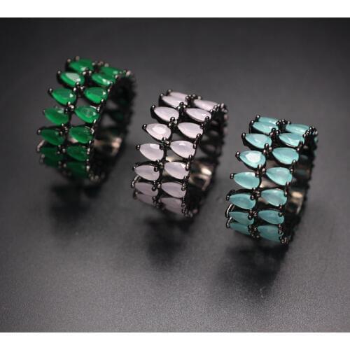 Double Cubic Zirconia Rings For Women Milky Pink Green blue Black Gold Color Plated Circle Round Finger Rings Party Jewelry Gift