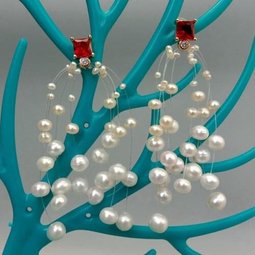Y.YING Illusion Cultured White Rice Pearl Red Cz Stud Earrings luxury style for women