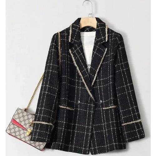 Vintage Plaid Tweed Black Blazer Women Spring Autumn Elegant Chic Slim Long Sleeve Suit Jacket Office Lady Casual Business Coat