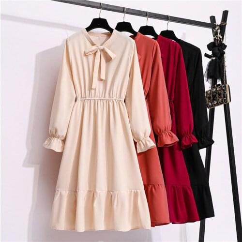 Korean style dress ladies solid color V-neck puff sleeve waist mid-length dress ladies 2021 spring and autumn models