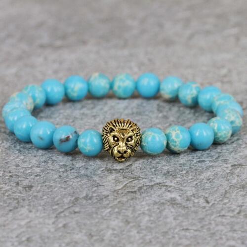 2017 New Design Jewelry 8mm Sea Sediment Stone Bead with Antique Color Lion Mens Bracelet