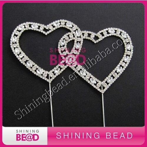 FREE SHIPPING,Crystal Glass Rhinestone Double Heart Cake Topper,20pieces/lot,Sliver Shiny Heart Wedding Love Cake Topper