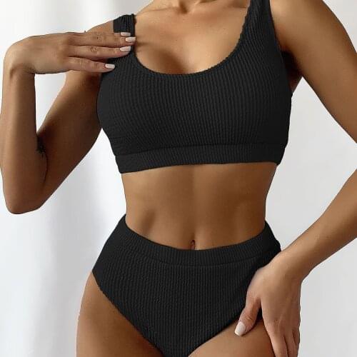High Waist Bikinis 2021 Mujer Swimsuit Women Black Biquini Push Up Swimwear Triangle Bikini Ribbed Bathing Suits Women Beachwear