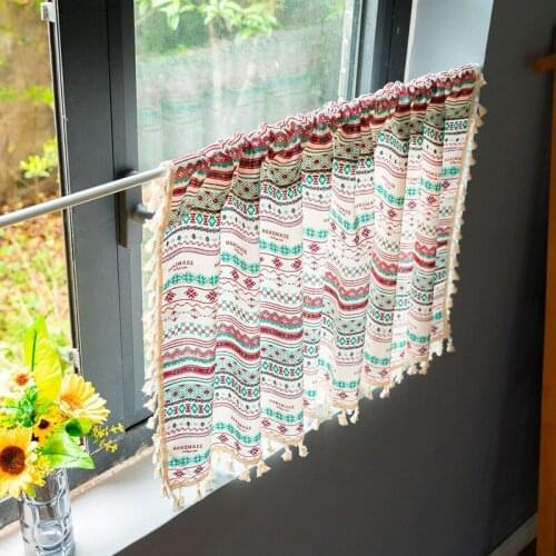 Bohemian Chic Decorative Curtain Window Treatment Cotton Cafe Valance Tassel Drapes Colorful Ethnic Vintage Pattern Sheer TJ3670