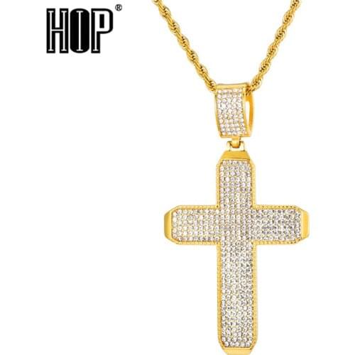 HIP Hop Gold Color Stainless Steel Bling Iced Out Rope Chain Full 6 rows cz Cross Pendants & Necklaces for Men Jewelry