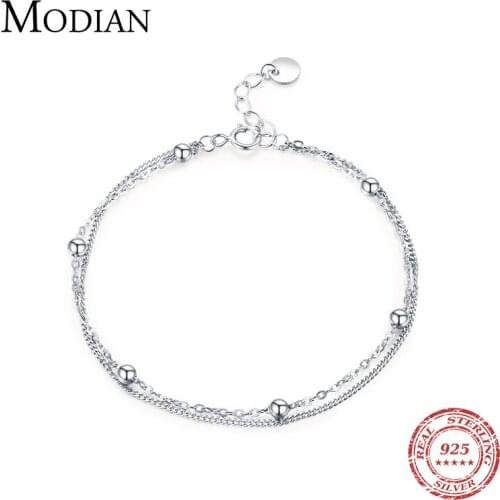 Modian Silver Double Layer Beads Link Chain 100% 925 Sterling Silver Trendy Simple Female Bracelet For Women Wedding Jewelry