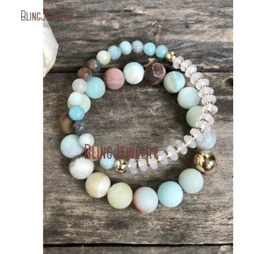 Faceted Gray Chalcedonys Beads Bracelet Set Agates Druzy Bar Bracelet Stretch Healing Bracelet of 2 BM16080
