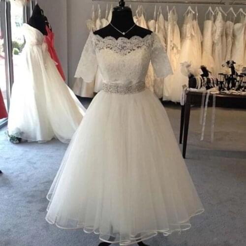 ANGELSBRIDEP Short Lace Wedding Dresses Robe de mariee Fashion Applique Empire Waist Tulle Formal Bride Gowns Custom Make HOT