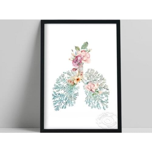 Lungs Flower Watercolor Poster, Medicine Anatomy Wall Art, Science Doctor Clinic Office Wall Decor, Floral Organ Wall Stickers