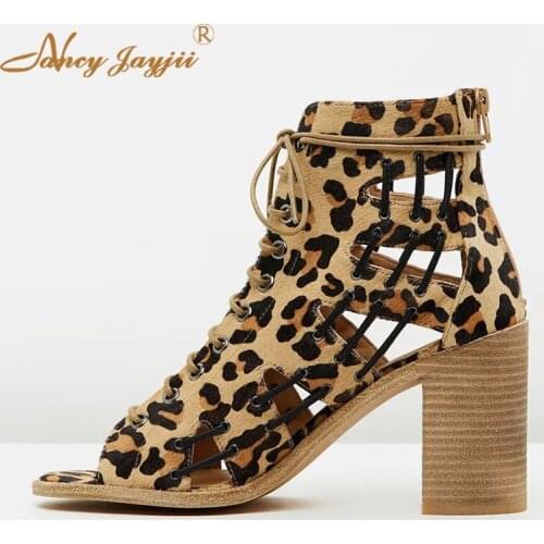 Leopard Spring/Autumn Flock Ankle Boots Peep Toe Cross-tied Lace-Up Women Shoes Lady Fashion Super High Square Heels Rome 2019