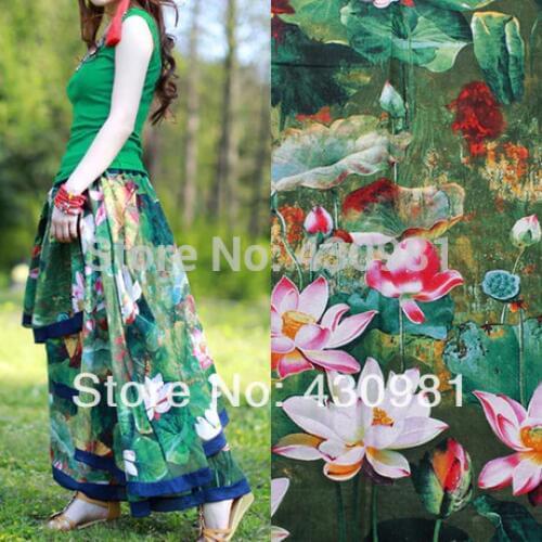 100*140cm linen cotton material for dress green lotus curtain tissu tecido ethnic fabric
