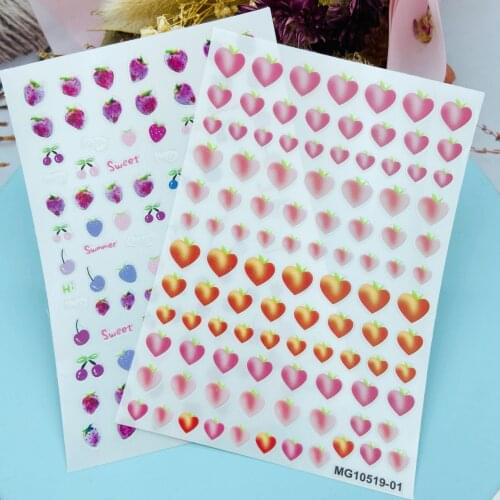 Fashion Hot Selling 3d DIY Japanese Style Thin Traceless Nail Stickers Peaches Purple Strawberry Thin Back Glue Dry Nail Decals