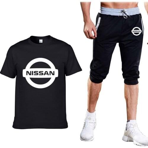 Fashion Summer Mens tops Nissan car logo Printed high quality cotton casual trend Mens short sleeve+3/4 jogging shorts 2-piece