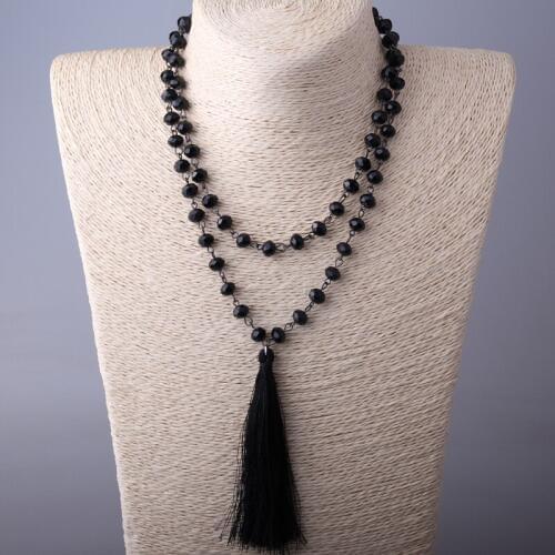 MOODPC Fashion Black Glass Chain Link Long Tassel Necklace