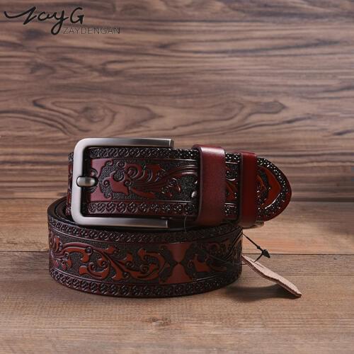ZAYG Hot New Luxury Fashion Cow Leather Belt Men Flower Pressed Cowhide Strap Male Geunine Leather Men Belt for Cinto Waistbands