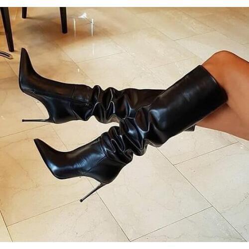 New Black Nude Leather Woman Pointed Toe Thin Heels Pleated Knee High Long Boots Sexy Night Club Zipper Winter High Heels Boots
