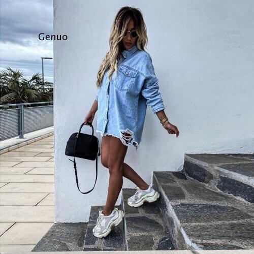 Autumn Hole Ripped Irregular Denim Women Shirt Long Sleeve Single Breasted Turndown Collar Female Shirts Streetwear Lady Clothes