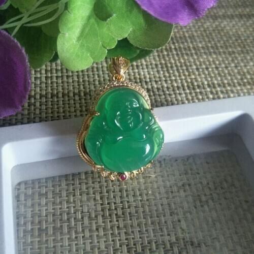 Natural Green Agate Chalcedony inlaid Buddhism Necklace Pendant Jewelry Fine Jewelry Lucky Amulet Jade pendant Christmas Gift