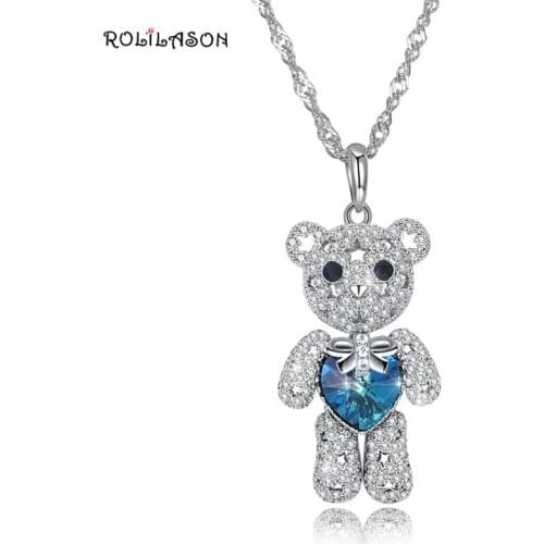 ROLILASON Cute Animal 925 Sterling Silver Necklace Pendant Blue Zircon Jewelry Fashion Special SP72