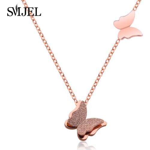 SMJEL Romantic Double Butterfly Necklace Collares Stainless Steel Rose Gold Butterfly Sanding Scrub Necklace Women collier femme