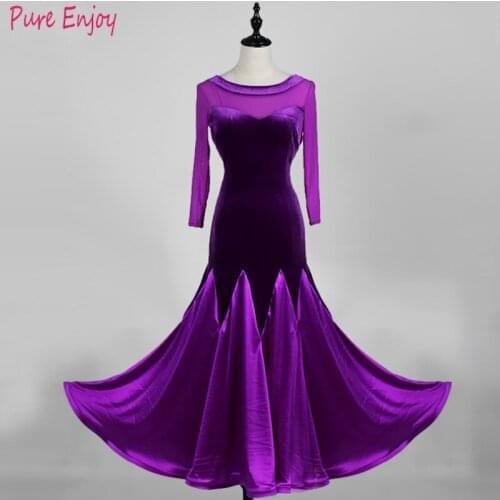 Custom made Ballroom Dance Competition Dresses Waltz Dress Standard Dance Dresses with Waist Belt Mesh Bust Big Hem