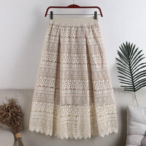 Autumn Winter New Mori Girl Style High Waist Skirt A-Line Thin Zipper Lace Crochet Hollow Embroidery Mid-Length Woman Skirt