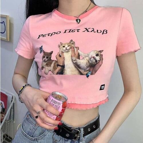 2021 summer female cartoon cat tops tees short sleeve casual print tee shirt cat kawaii harajuku album dropshipping vintage