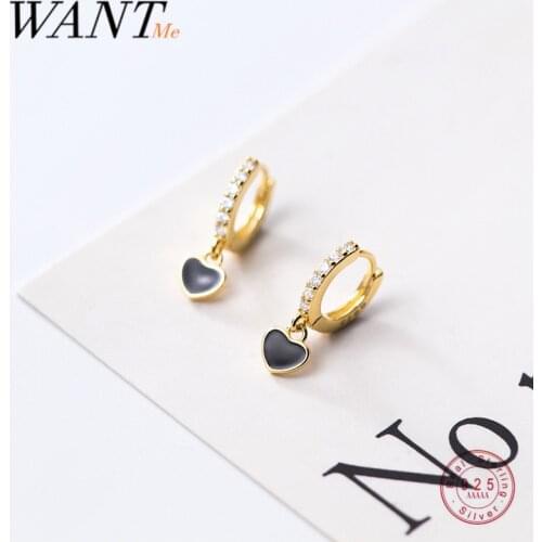 WANTME 925 Sterling Silver Black Enamel Romantic Love Heart Tassel Huggie Earrings for Women Goth Wedding Party Piercing Jewelry