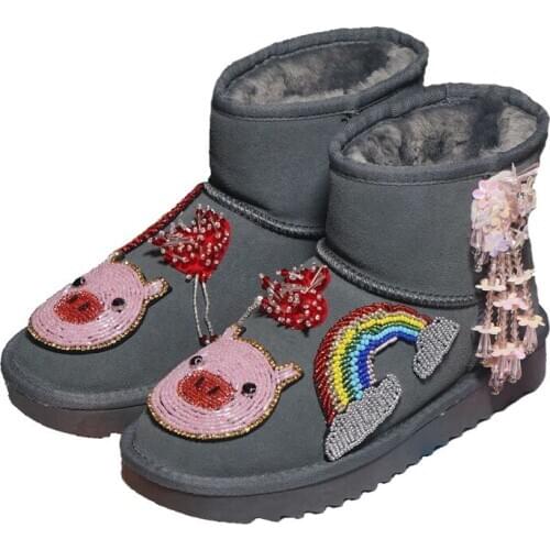 Rainbow Rhinestones Women Snow Boots with Warm Plush Fur Winter Ankle Boots 2020 Fashion Cute Animal Beaded Winter Shoes Woman