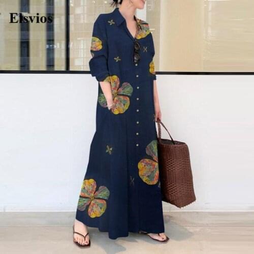 Lady Casual Turn-Down Collar Long Shirt Dress Autumn Long Sleeve Print Cotton Linen Dress Women Button Loose Maxi Party Dresses