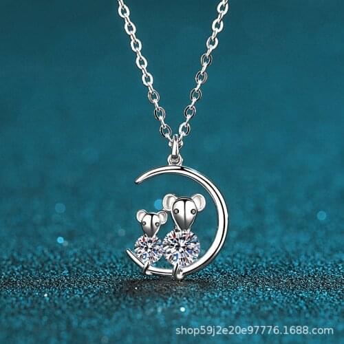 Passed Diamond Test Moissanite 925 Sterling Silver Moon Rat Shape Pendant Necklace Women Fashion Cute Necklace Jewelry