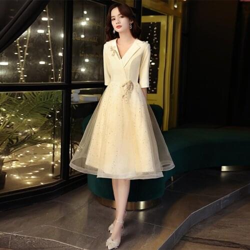 Champagne Suit Collar V Neck Formal Evening Dresses Half Sleeves Sequined Tulle Ball Gown Embroidery Applique Robe De Soriee