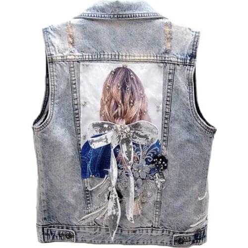 Vest Women 2020 Spring New Beading Diamond Flower Sleeveless Denim Vest Fashion Short Slim Appliques Sweet Jeans Waistcoat H127